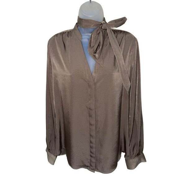 Express Portofina Brown Tie-Neck  Blouse With Long Sleeves & Button Cuffs For Wo - Picture 2 of 10